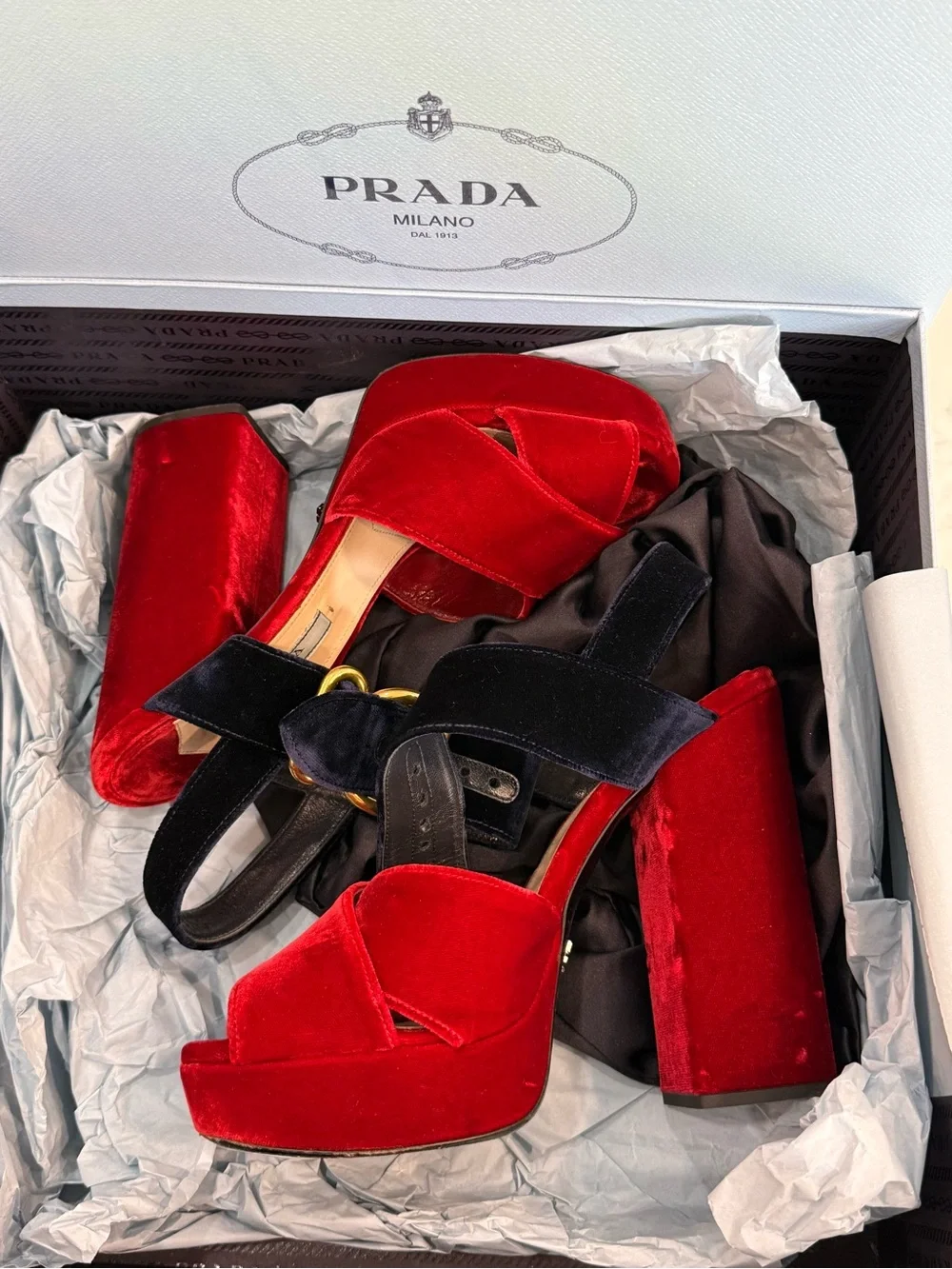 Prada Red Velvet Platform Sandal with Navy Ankle Strap - Picture 3 of 11